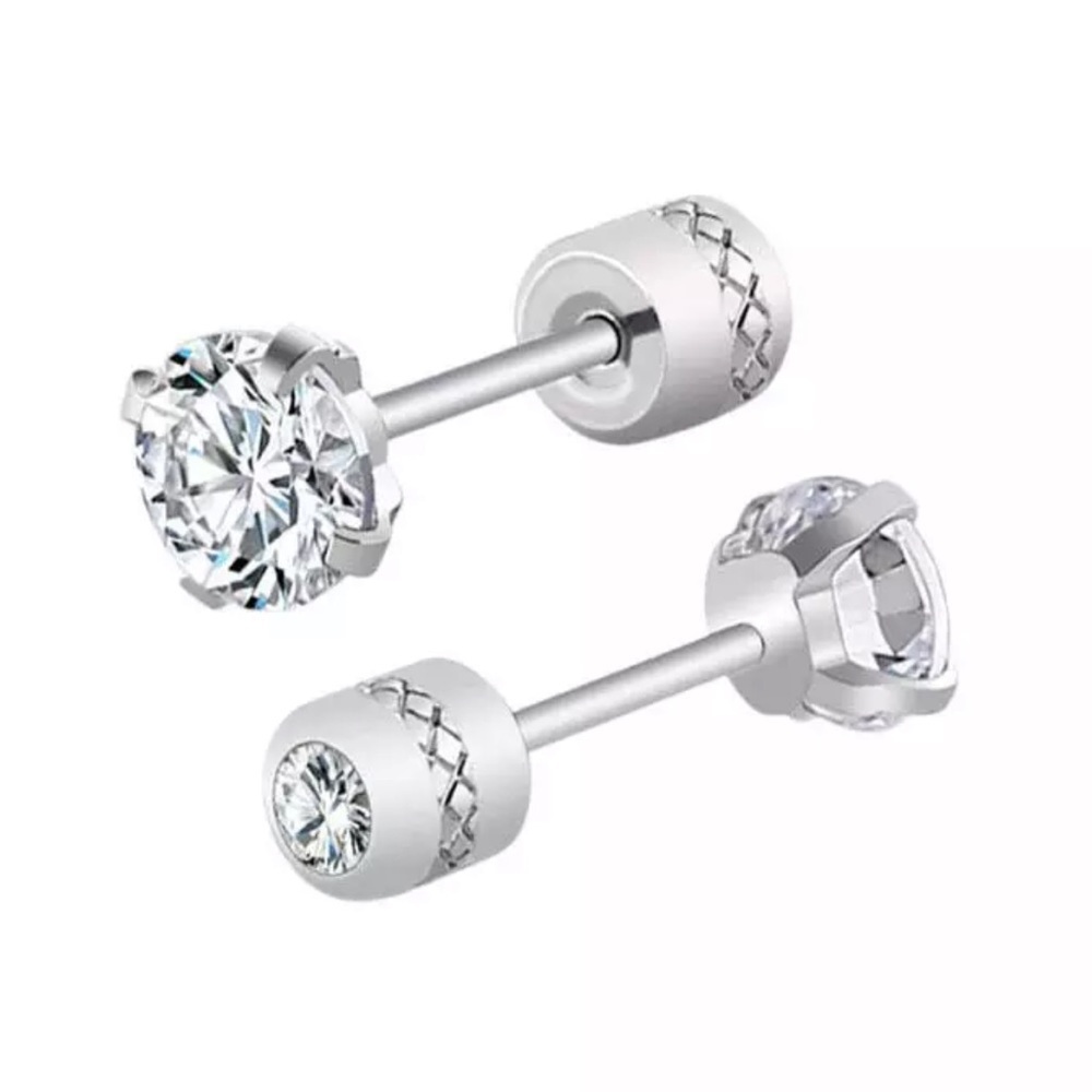 Diamond stud screw on earrings 6mm Hypoallergenic Cubic Zirconia Stainless Steel